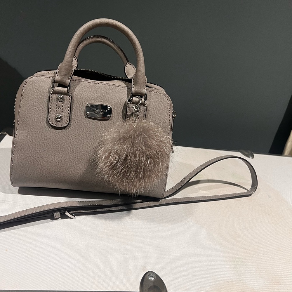 MICHAEL Michael Kors Taupe Satchel with Fur Pom-Pom
